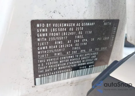 2017 Volkswagen Tiguan 2.0T Wolfsburg Edition из США, поврежденный, VIN WVGSV7AX5HK003552